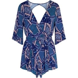 Xtaren Mix Print Open Back Romper Womens L Plunge Belted Flirty Jumpsuit Shorts